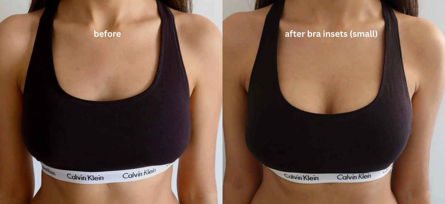 Before and after comparison of a woman using bra inserts.