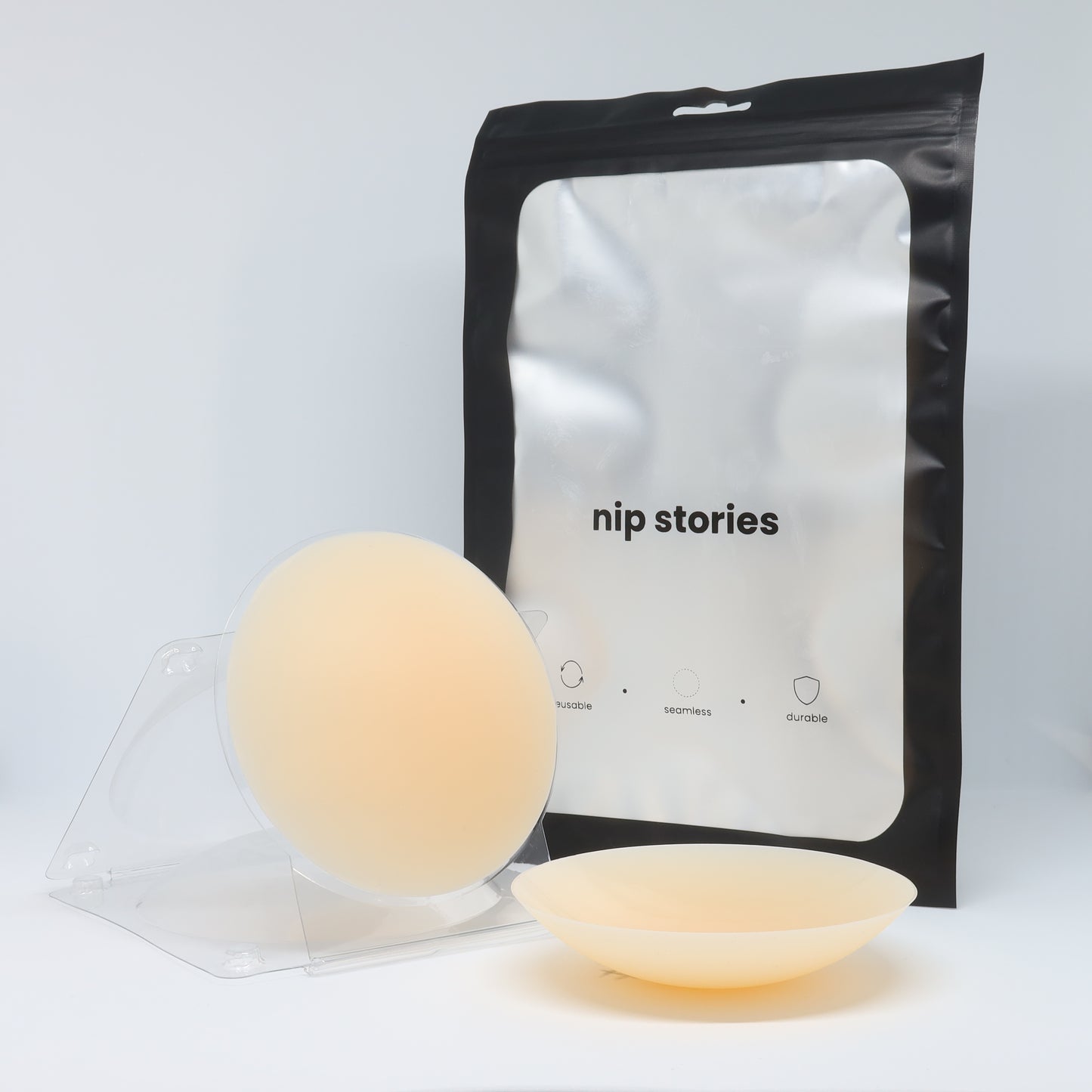 front view of nip stories 10 cm light non adhesive nipple covers in nz