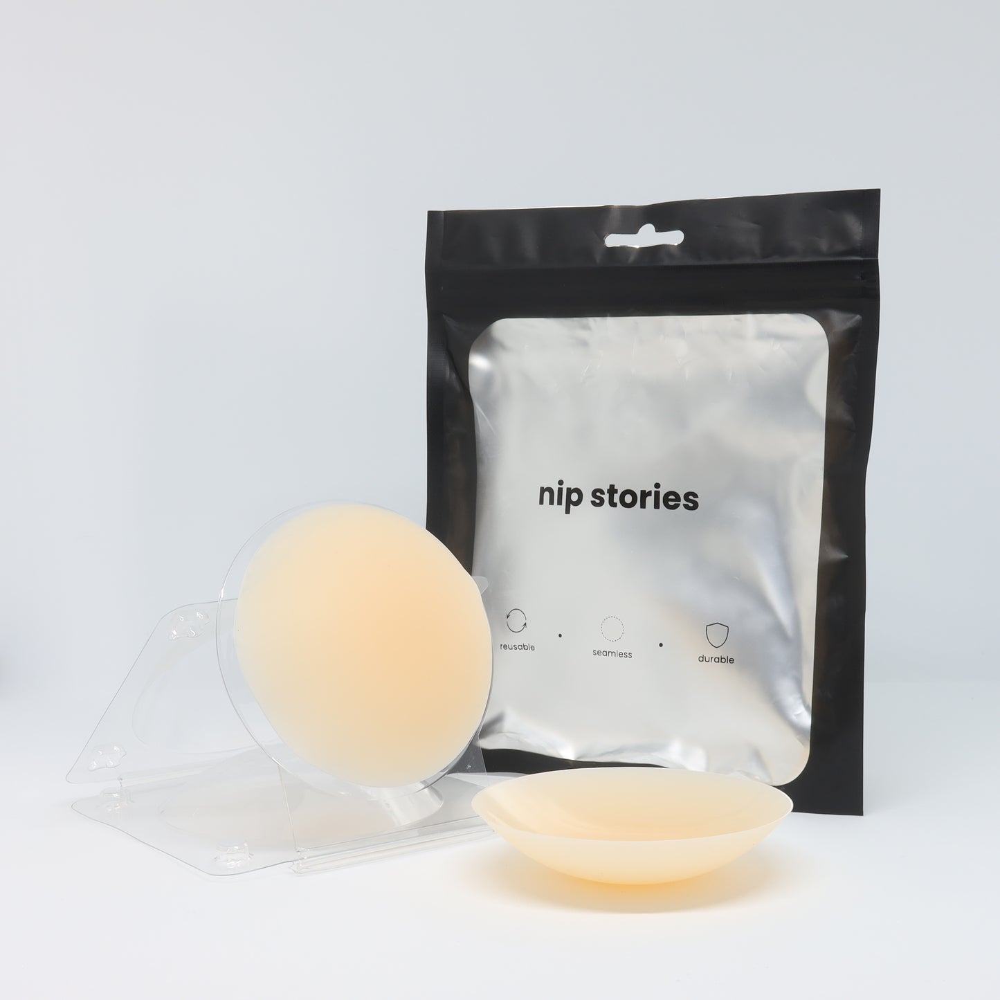 front view of nip stories 8 cm light non adhesive nipple covers in nz
