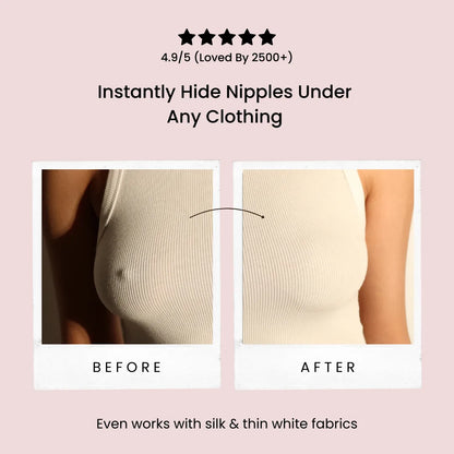 nip stories nipple covers before and after use on a person, with text highlighting its effectiveness & showing total reviews.