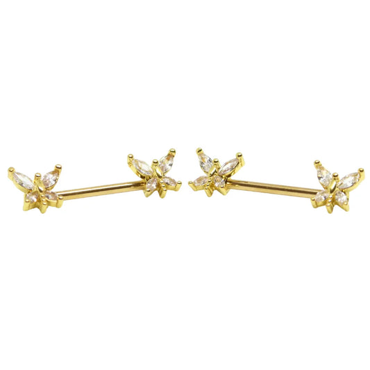 two Pair of nip stories golden butterfly piercings for pierced nipple covers on a white background