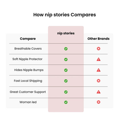 Comparison chart of 'nip stories' versus other brands with checkmarks and warning signs.