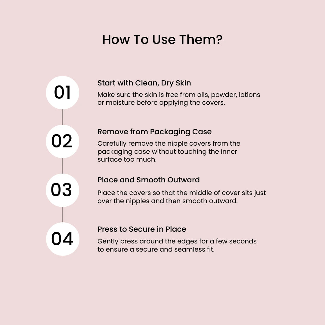 Instructions on how to use nip stories non-adhesive nipple covers on a pink background