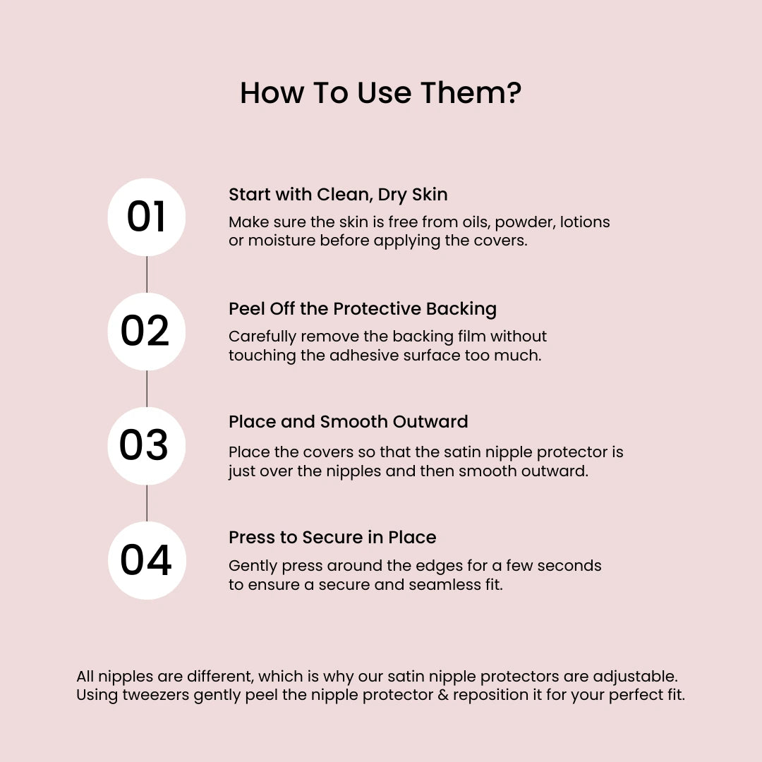 Instructions on how to use nip stories triangle adhesive nipple covers on a pink background