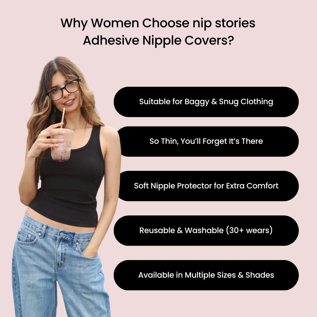 Woman drinking a smoothie with benefits about adhesive nipple covers by nip stories on a pink background
