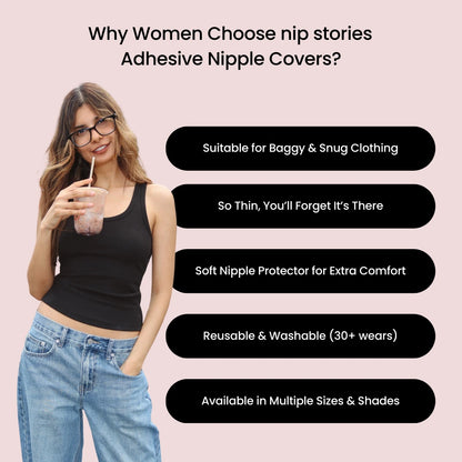 Woman drinking a smoothie with benefits about adhesive nipple covers by nip stories on a pink background