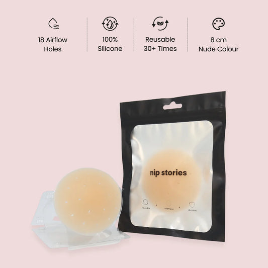 Breathable Silicone nipple covers with packaging on a pink background, featuring product details by nip stories.