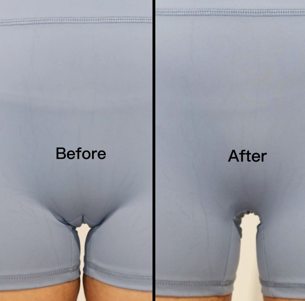 Before and after comparison of a cameltoe concealer on a plain background
