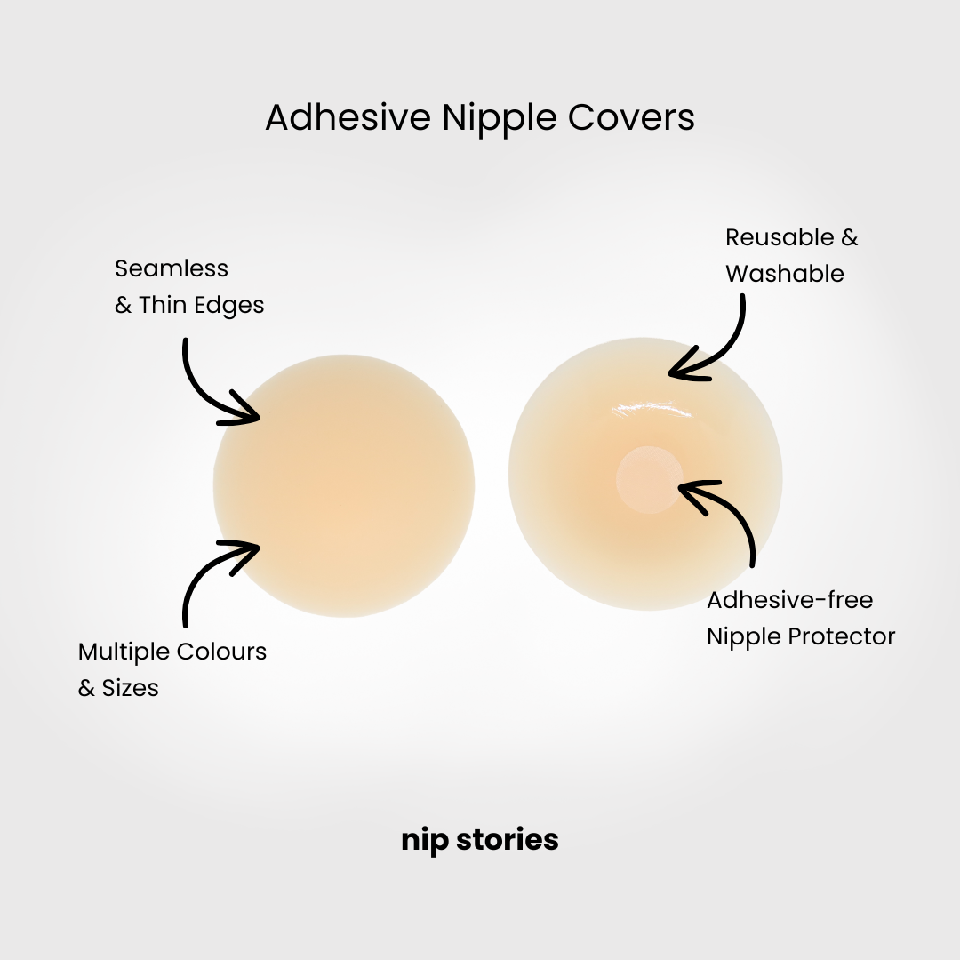 Features of Nip Stories adhesive nipple covers reuse and care graphic