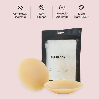 nip stories 10 cm Dark colour adhesive nipple covers with packaging on a pink background