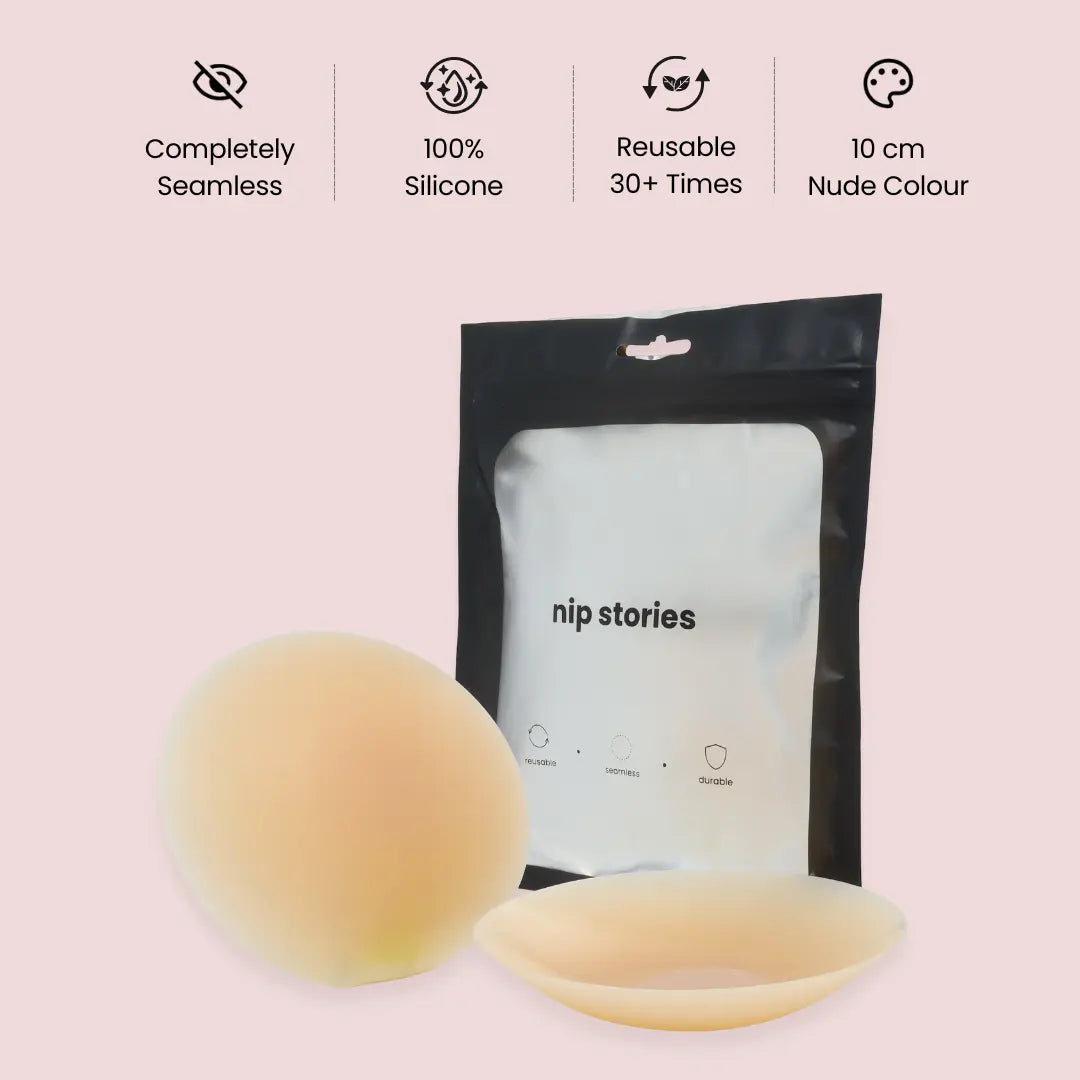 nip stories 10 cm Nude colour adhesive nipple covers with packaging on a pink background