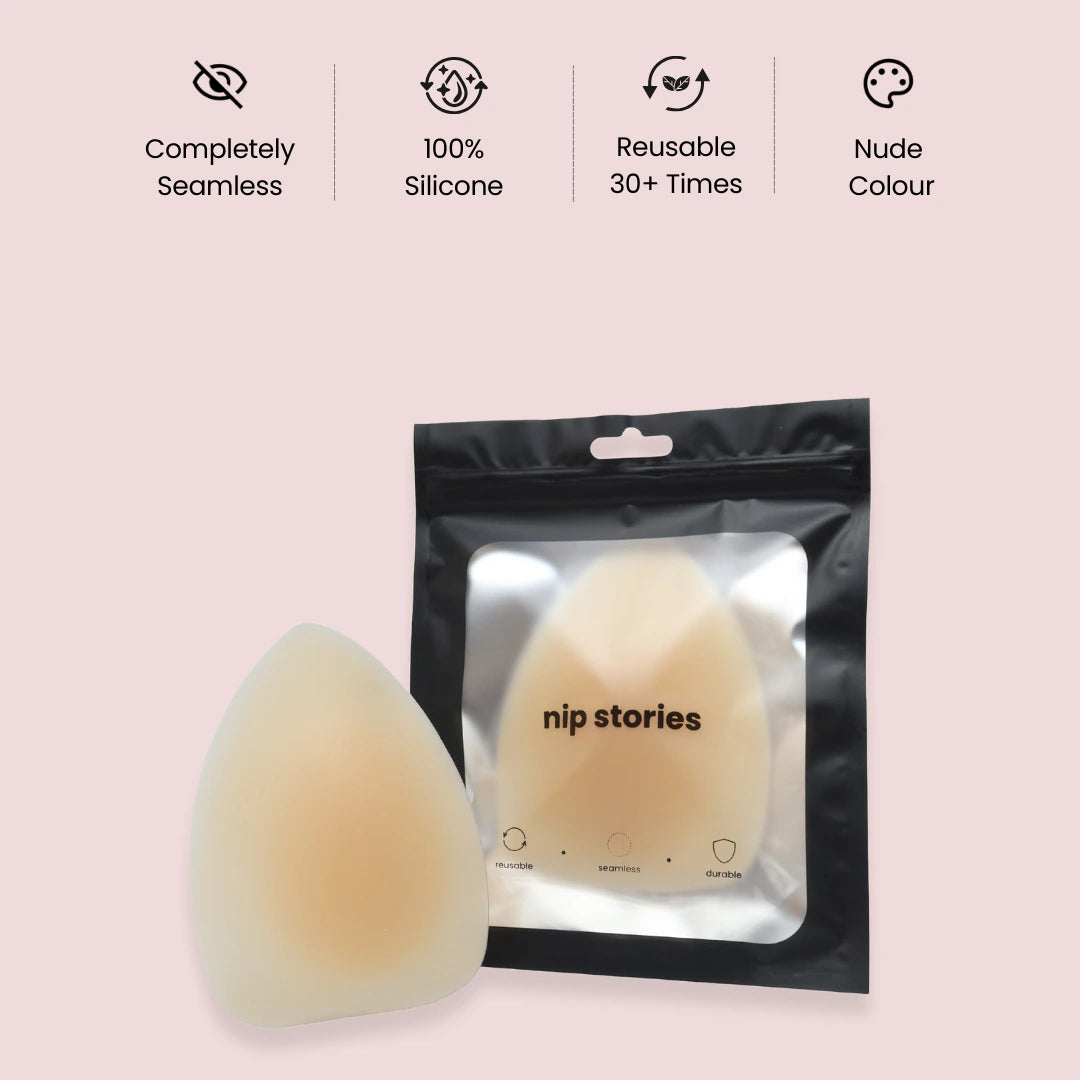 nip stories triangle nude colour adhesive nipple covers with packaging on a pink background