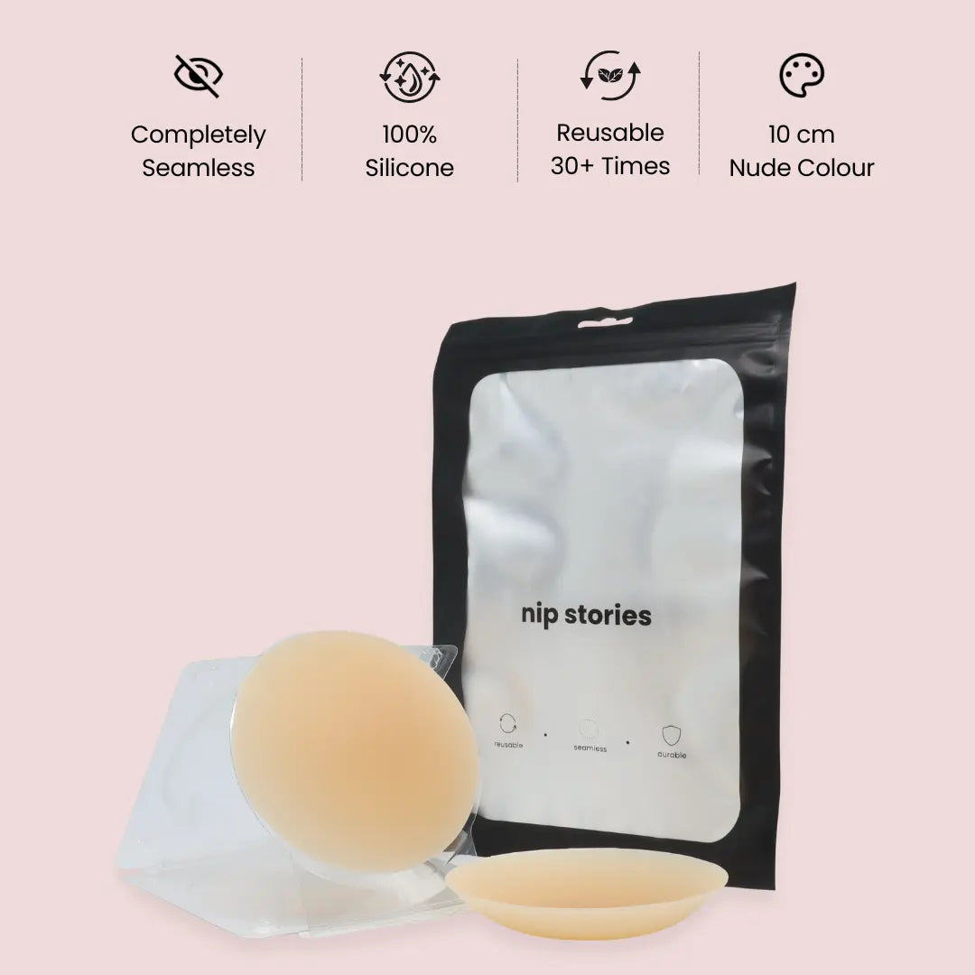 nip stories 10 cm nude colour non-adhesive nipple covers with packaging on a pink background
