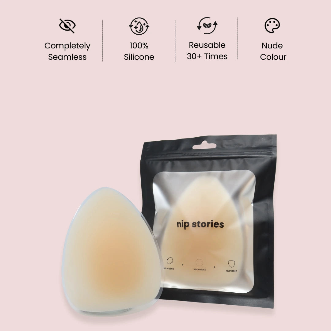 nip stories nude colour triangle shape non-adhesive nipple covers with packaging on a pink background