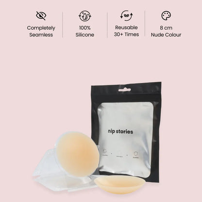nip stories 8 cm nude colour non-adhesive nipple covers with packaging on a pink background