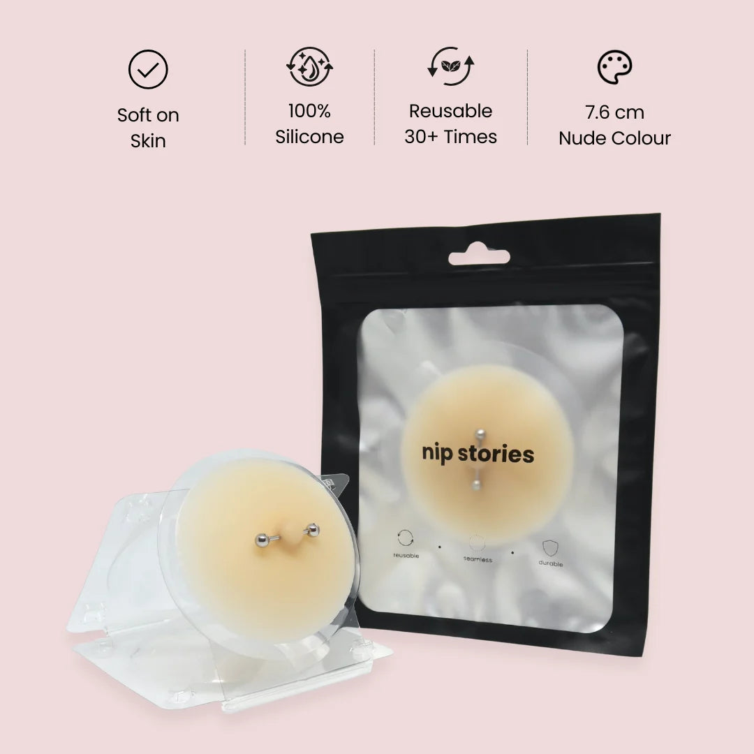 Nip stories pierced nipple covers with packaging showing features on a pink background