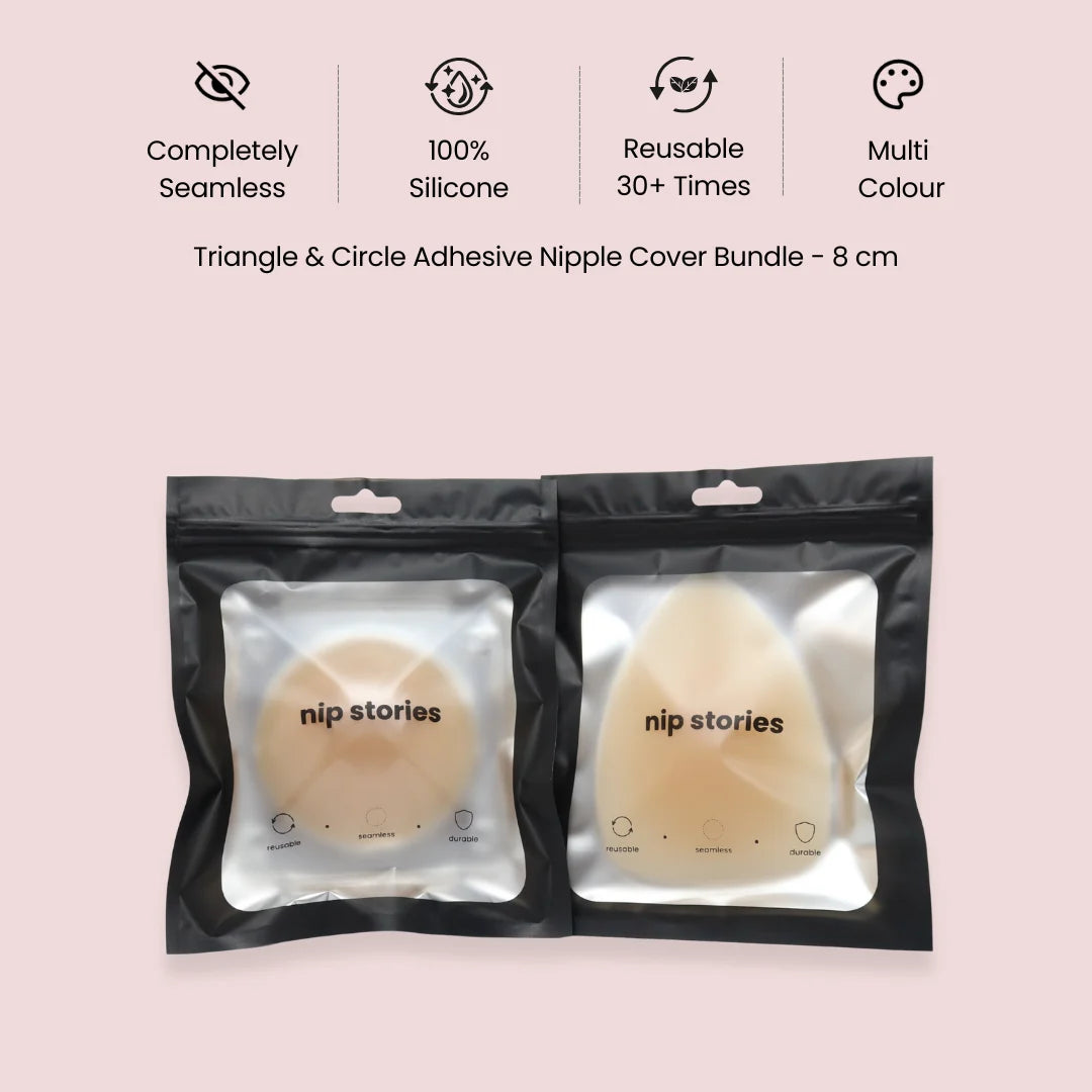 Triangle and Circle Adhesive 8 cm Nipple Cover Bundle in nip stories packaging showing features on pink background