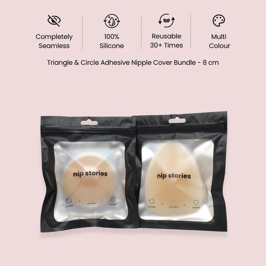 Triangle and Circle Adhesive 8 cm Nipple Cover Bundle in nip stories packaging showing features on pink background