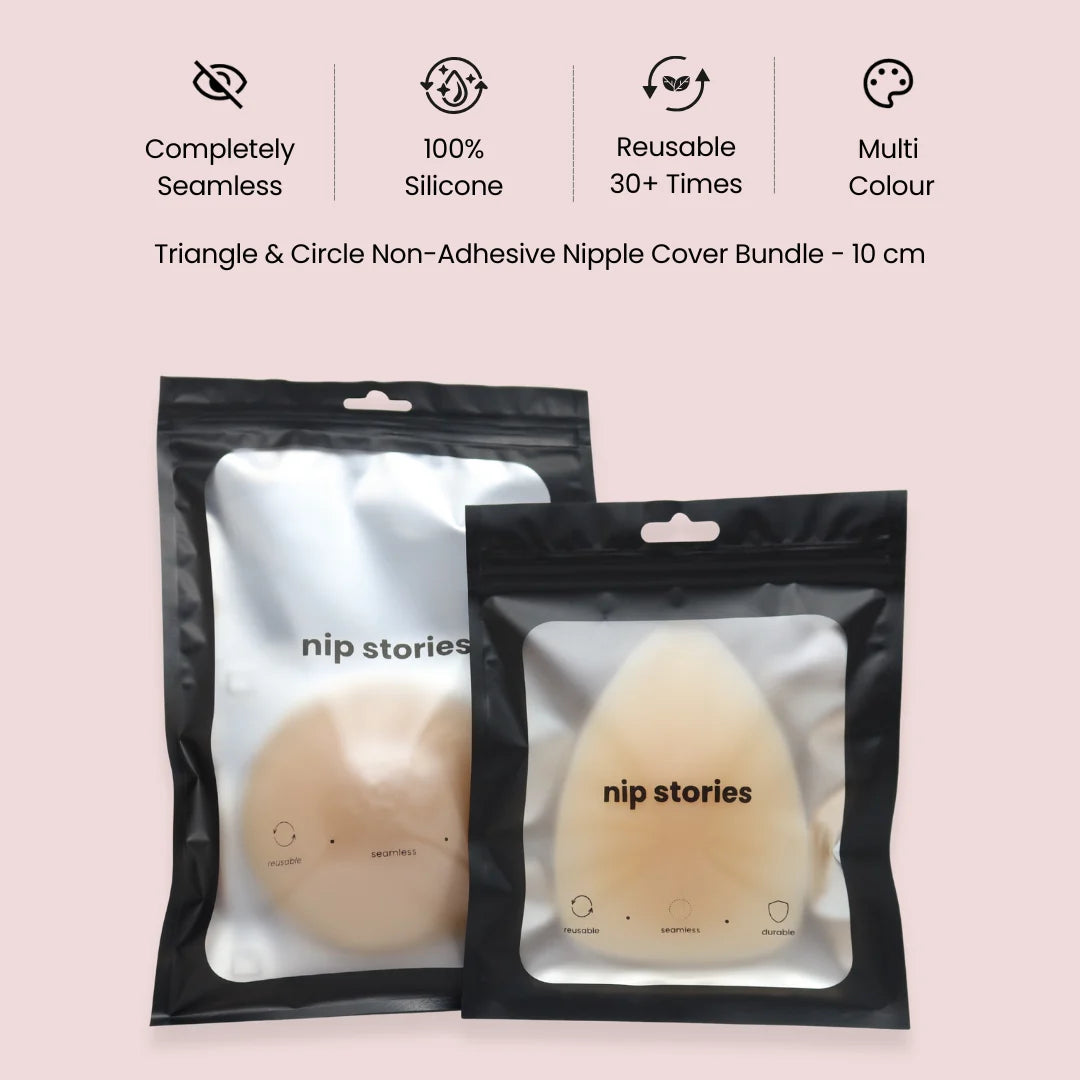 Triangle and Circle Non-Adhesive 10 cm Nipple Cover Bundle in nip stories packaging showing features on pink background