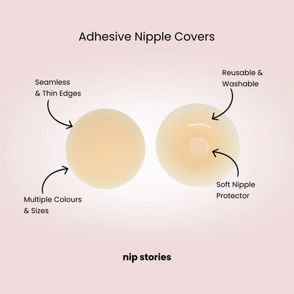 Adhesive nipple covers with features listed on a pink background, branded 'nip stories'.