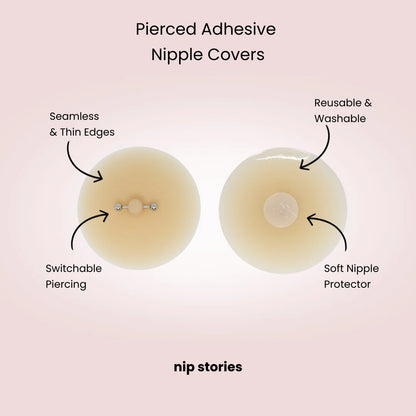 Pierced adhesive nipple covers with features labeled on a pink background, branded 'nip stories'.