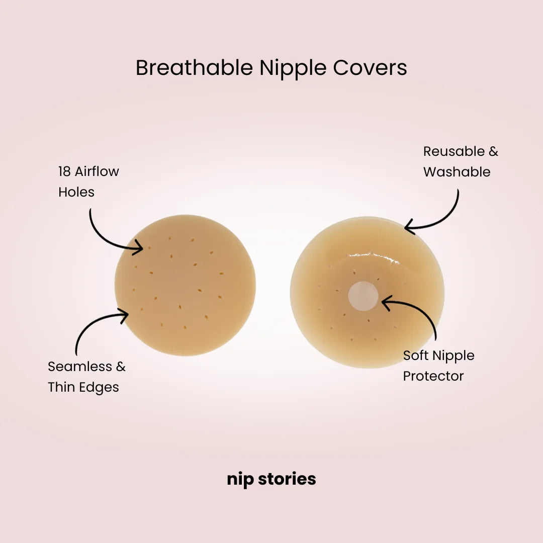 Breathable nipple covers with features labeled on a pink background, branded 'nip stories'.