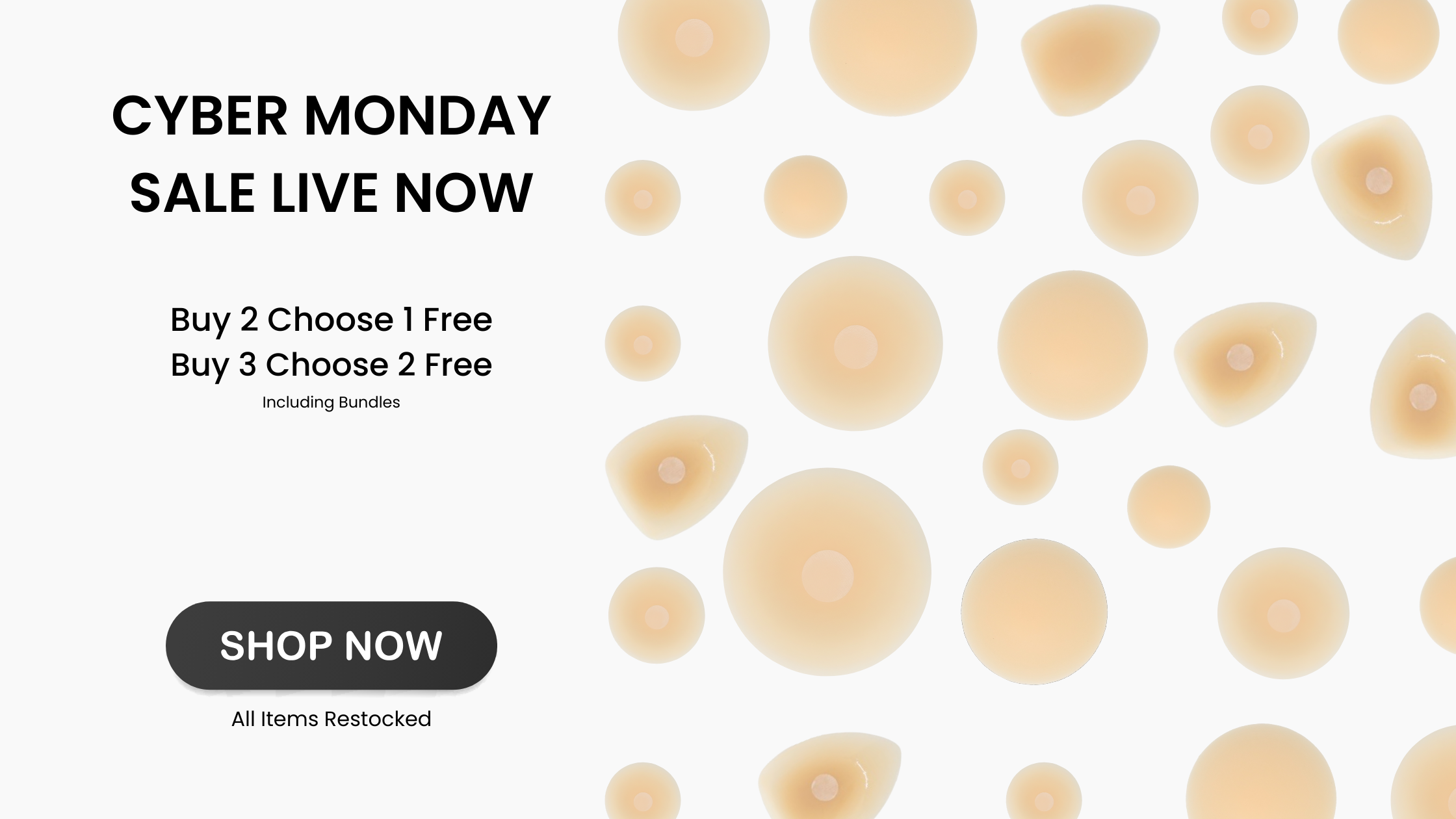 nip stories Cyber Monday sale banner with nipple cover patterns on a white background